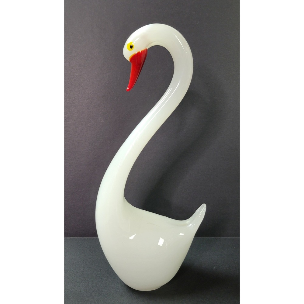 Vintage White Art Glass Swan Figurine Red Beak Murano Style MCM 8.5 Inch